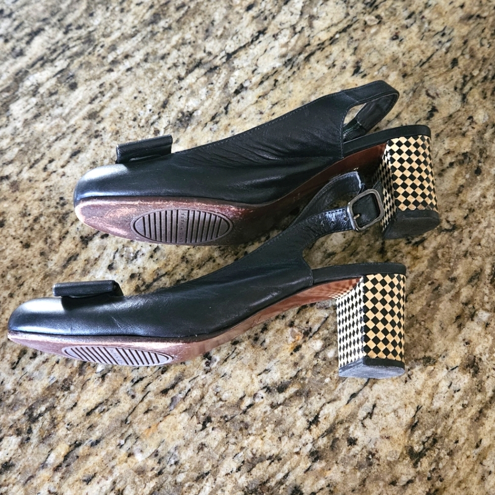 Black Slingback Leather Heels with Checkered Block Heel Chie Mihara